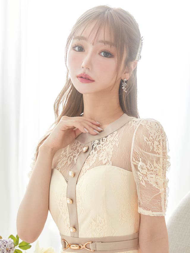 [SMLサイズ]シアーフラワーフロントラインベルトモチーフ半袖タイトミニドレス[3サイズ展開][LIVE紹介]