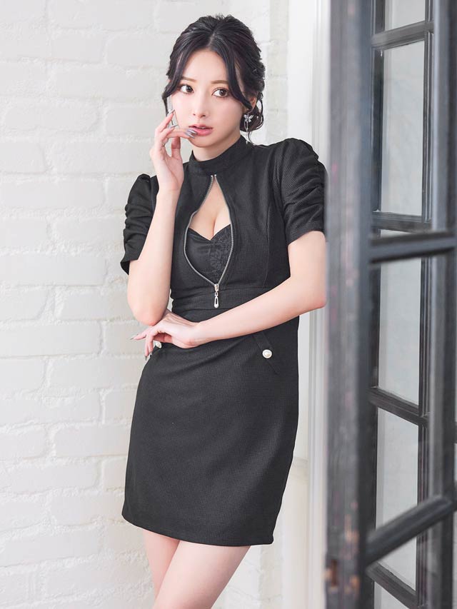 ハイネックフロントジップホールギャザー半袖タイトミニドレス[SML/3サイズ展開]