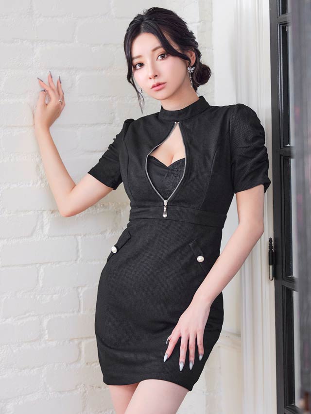 ハイネックフロントジップホールギャザー半袖タイトミニドレス[SML/3サイズ展開]