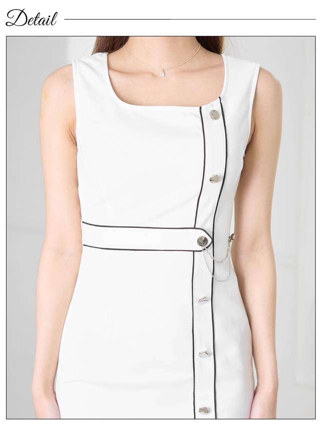 [SMLサイズ]パイピングラインボタンチェーンビジューノースリーブタイトミニドレス[3サイズ展開]