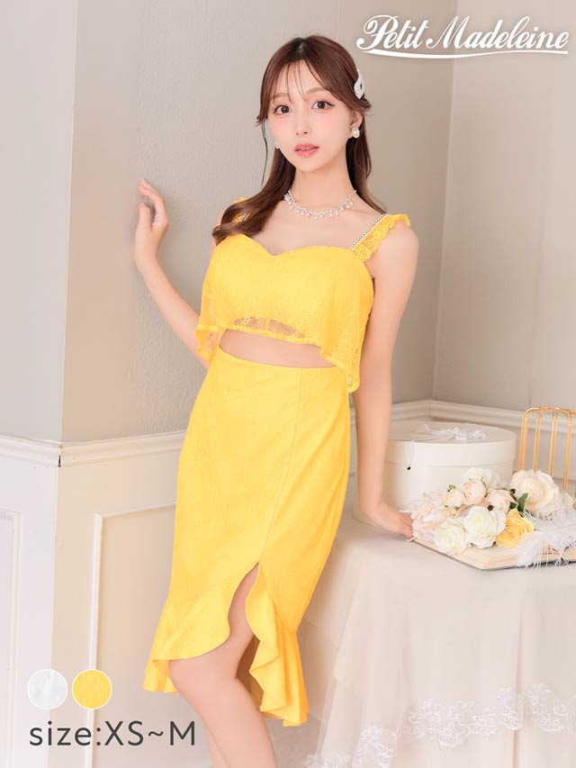 [XS〜Mサイズ]フラワーレースウエストカットマーメイド膝丈ドレス[3サイズ展開][桜井みづき着用/Petit Madeleine プティマドレーヌ]