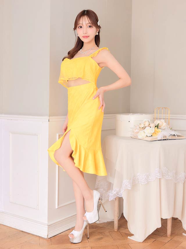 [XS〜Mサイズ]フラワーレースウエストカットマーメイド膝丈ドレス[3サイズ展開][桜井みづき着用/Petit Madeleine プティマドレーヌ]