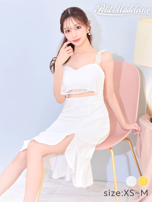 [XS〜Mサイズ]フラワーレースウエストカットマーメイド膝丈ドレス[3サイズ展開][桜井みづき着用/Petit Madeleine プティマドレーヌ]