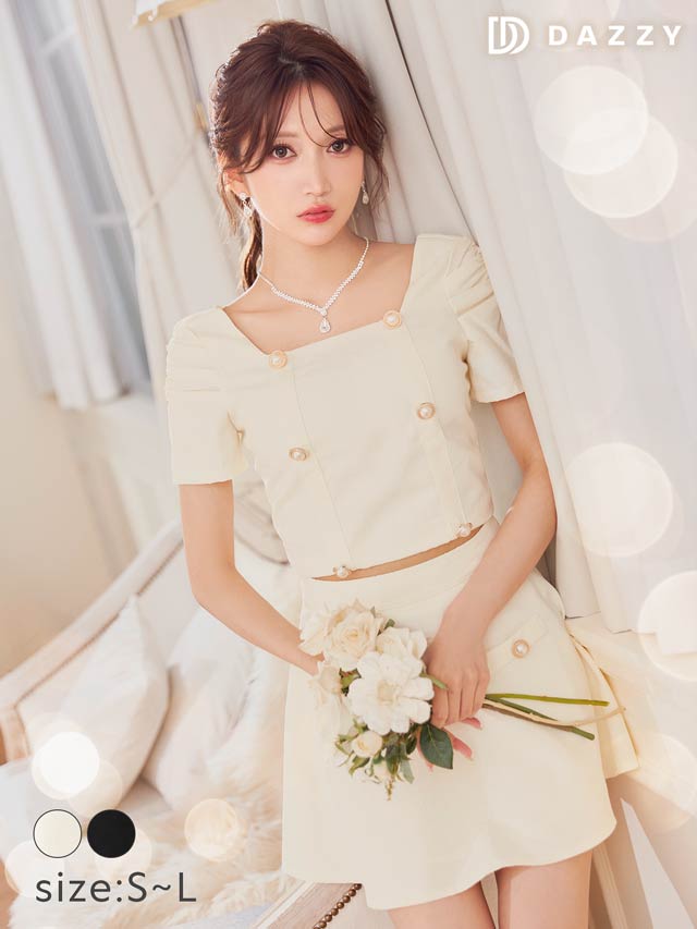 ツイードダブルボタン半袖Aラインミニセットアップ[SML/3サイズ展開]