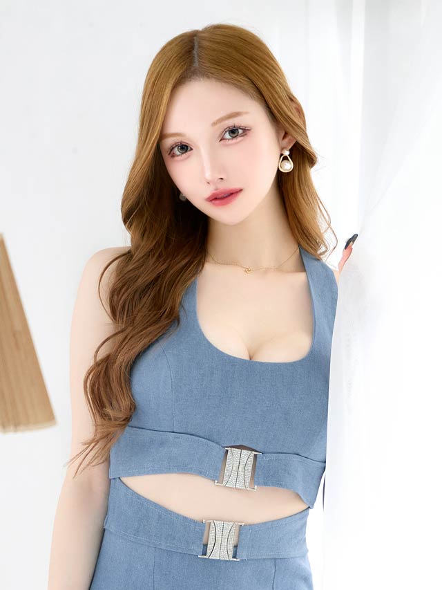 デニムビジューウエストカットホルターネックタイトミニドレス[SML/3サイズ展開]