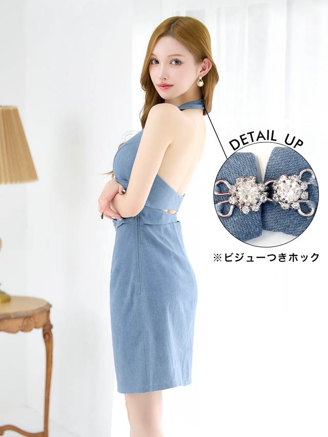 デニムビジューウエストカットホルターネックタイトミニドレス[SML/3サイズ展開]