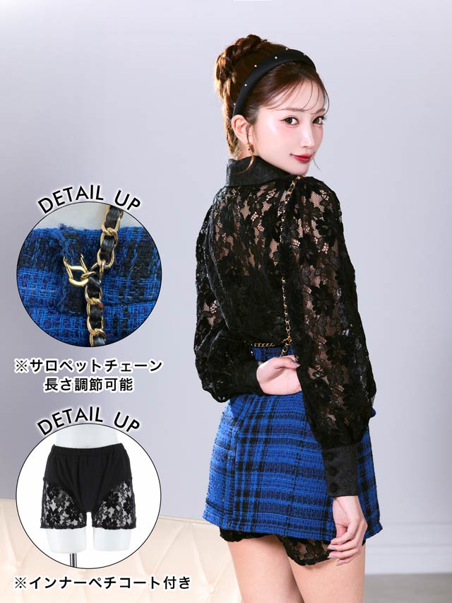 [4点SET]襟付きベロアレースサロペットチェーン長袖タイトミニセットアップ[SML/3サイズ展開]