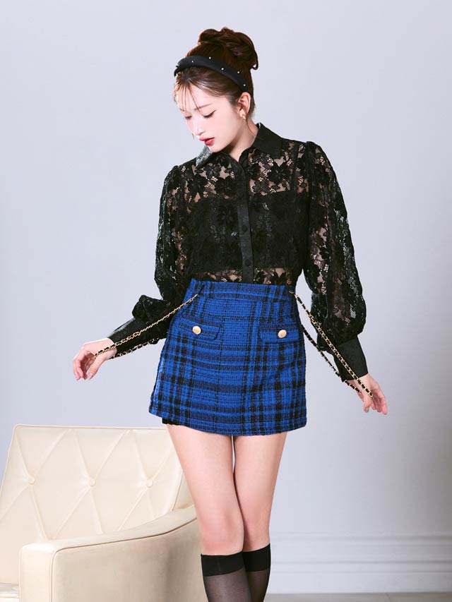 [4点SET]襟付きベロアレースサロペットチェーン長袖タイトミニセットアップ[SML/3サイズ展開]