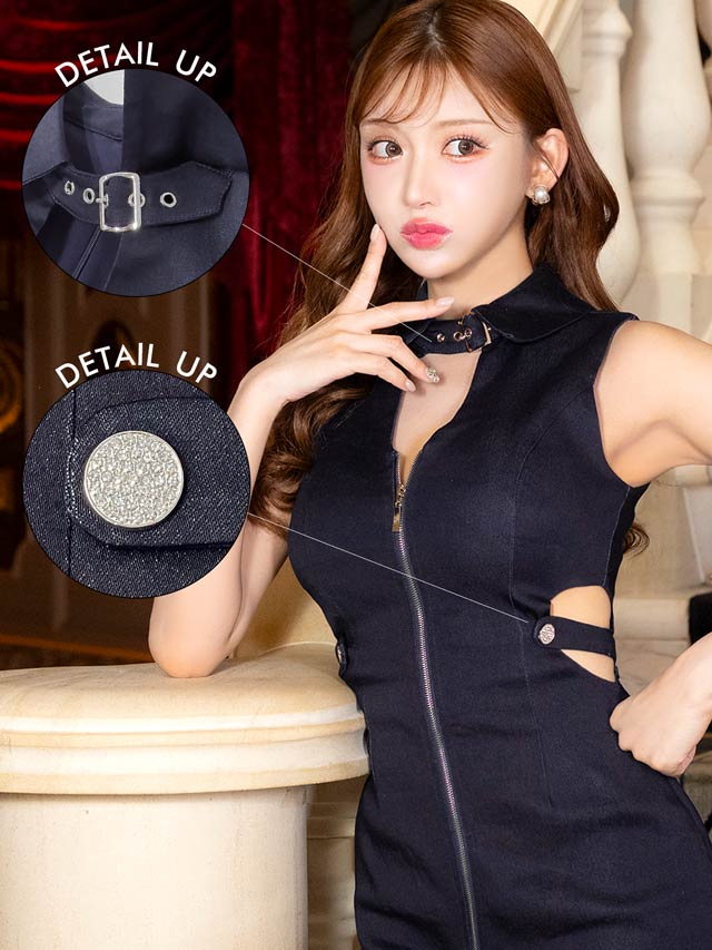 7/23新作!デニム襟ベルトカットアウトファスナータイトミニドレス[SML/3サイズ展開][明日花キララ着用]