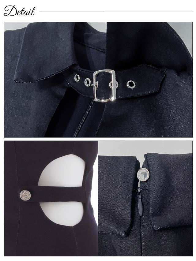 7/23新作!デニム襟ベルトカットアウトファスナータイトミニドレス[SML/3サイズ展開][明日花キララ着用]