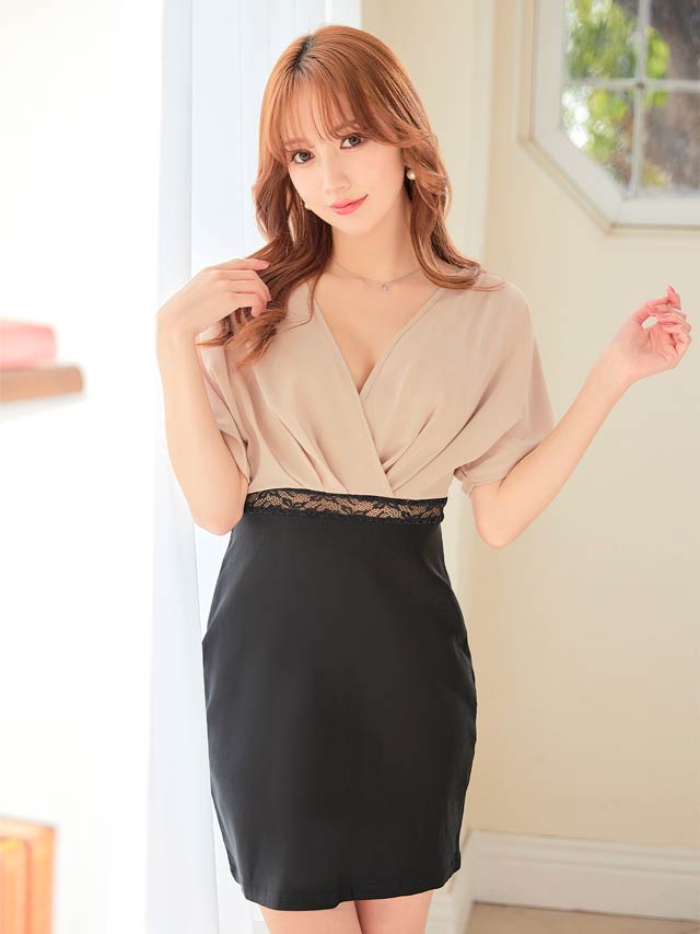 5/20再入荷! カシュクールウエストレースドルマンタイトミニドレス[S~3L/5サイズ展開][プチプラドレス]