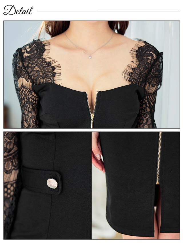 フロントジップスリットレース長袖タイトミニドレス[S~3L/5サイズ展開]