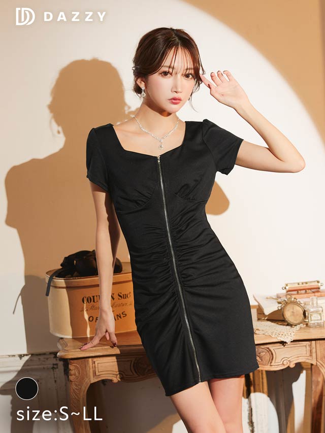 ワンカラーギャザーフロントジップ半袖タイトミニドレス[S~LL/4サイズ展開][プチプラドレス]