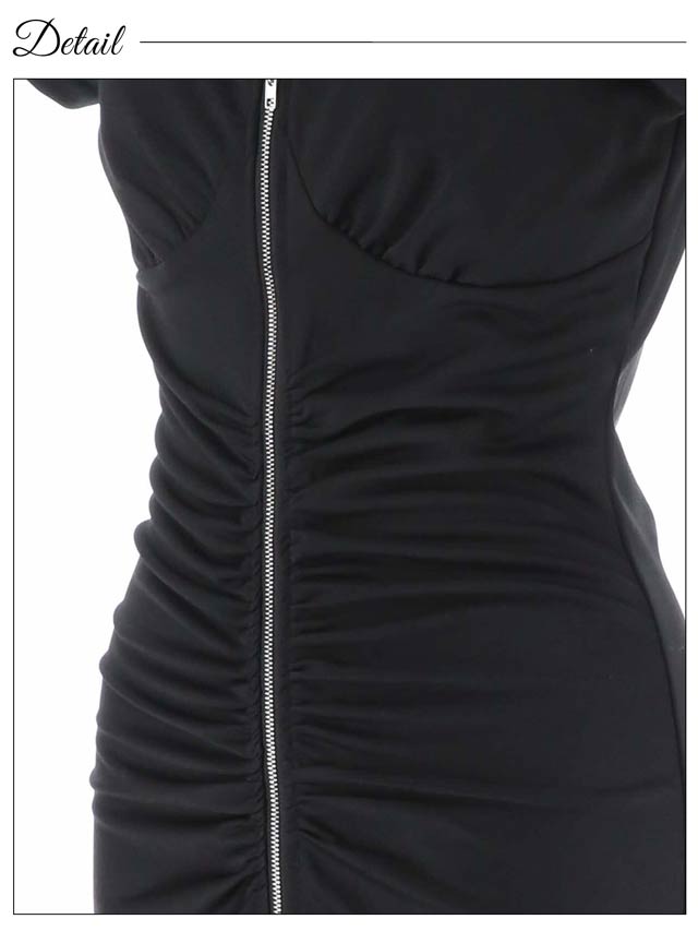 ワンカラーギャザーフロントジップ半袖タイトミニドレス[S~LL/4サイズ展開][プチプラドレス]