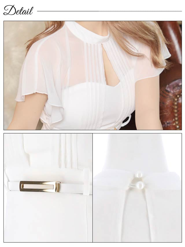 ハイネックシアーレイヤードベルト付きフリル袖タイトミニドレス[S~LL/4サイズ展開][プチプラドレス]