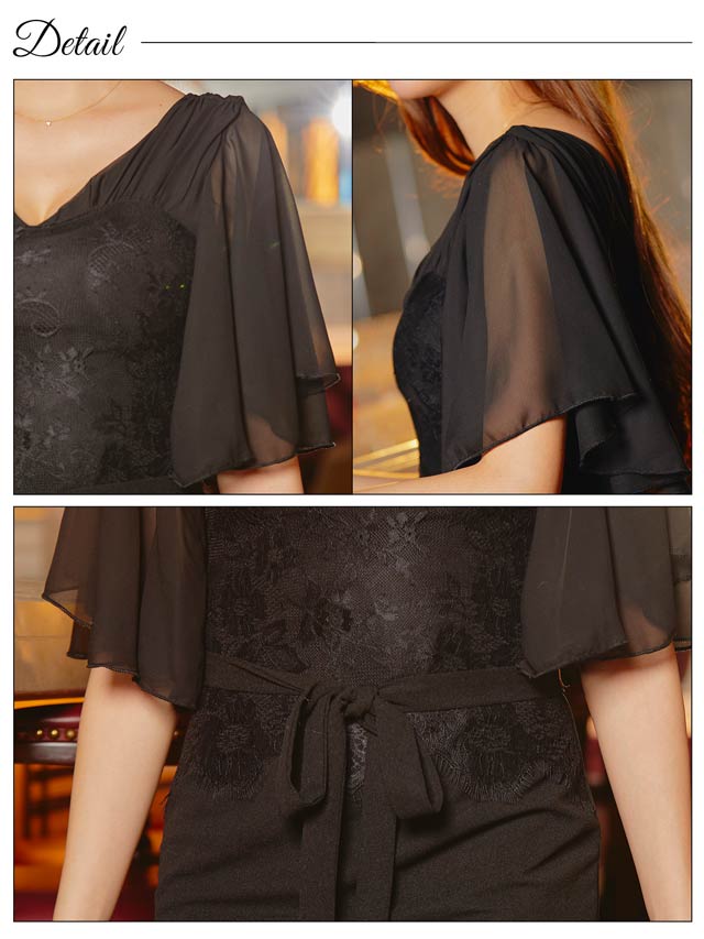 7/22再入荷!シフォンフラワーレースペプラムウエストリボン五分袖タイトミニドレス[S~3L/5サイズ展開][プチプラドレス]