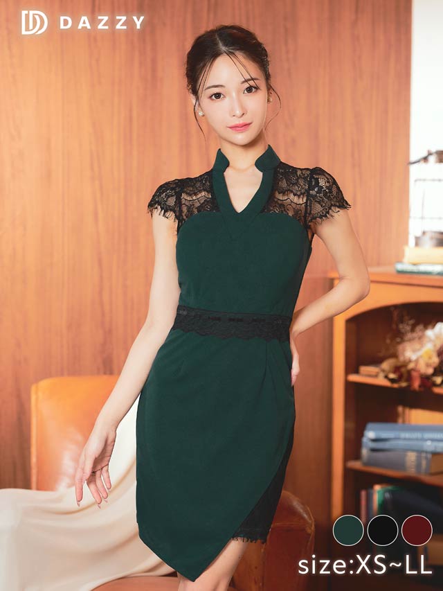 襟付きドッキングフラワーレース半袖タイトミニドレス[XS~LL/5サイズ展開][プチプラドレス]
