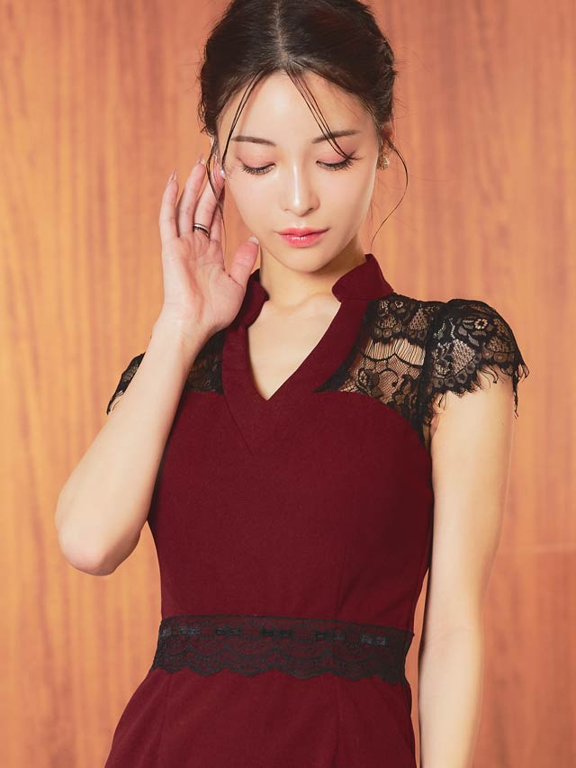 襟付きドッキングフラワーレース半袖タイトミニドレス[XS~LL/5サイズ展開][プチプラドレス]