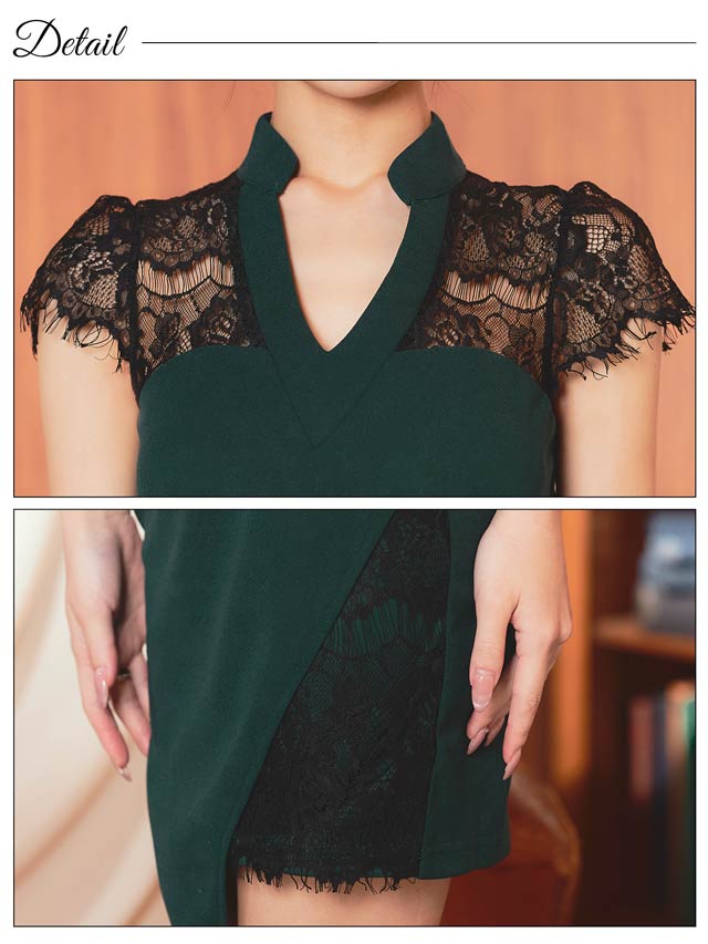 襟付きドッキングフラワーレース半袖タイトミニドレス[XS~LL/5サイズ展開][プチプラドレス]