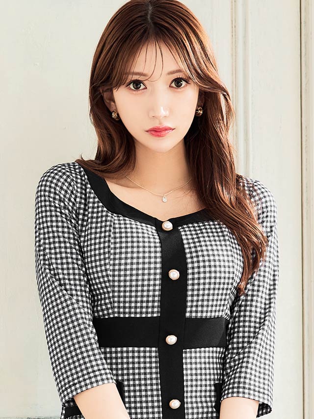 モノトーンチェックフロントライン七分袖タイトミニドレス[XS~LL/5サイズ展開]