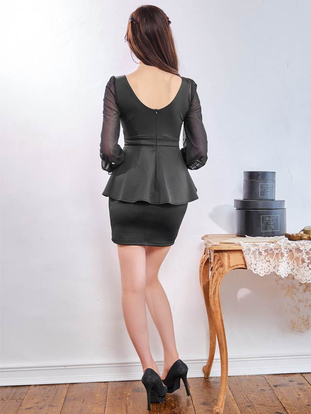 8/12再入荷! フロントジップビジューラインペプラムシフォン長袖タイトミニドレス[S~LL/4サイズ展開]