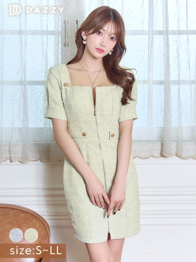 5/13再入荷!スクエアネックツイードジップ半袖タイトミニドレス[S~LL/4サイズ展開]