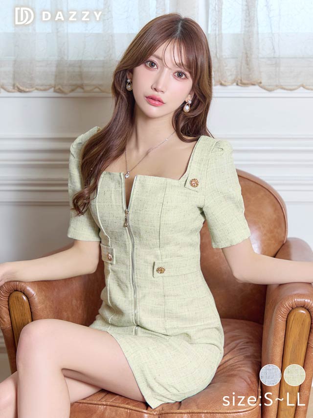 5/13再入荷!スクエアネックツイードジップ半袖タイトミニドレス[S~LL/4サイズ展開]