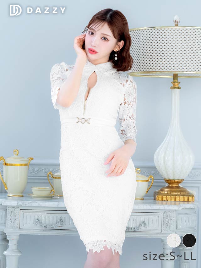 5/13再入荷!レース襟付きジップホールベルトモチーフ七分袖タイトミニドレス[S~LL/4サイズ展開][明日花キララ着用]