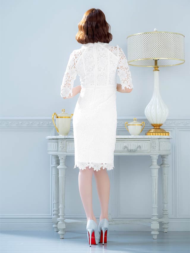 5/13再入荷!レース襟付きジップホールベルトモチーフ七分袖タイトミニドレス[S~LL/4サイズ展開][明日花キララ着用]