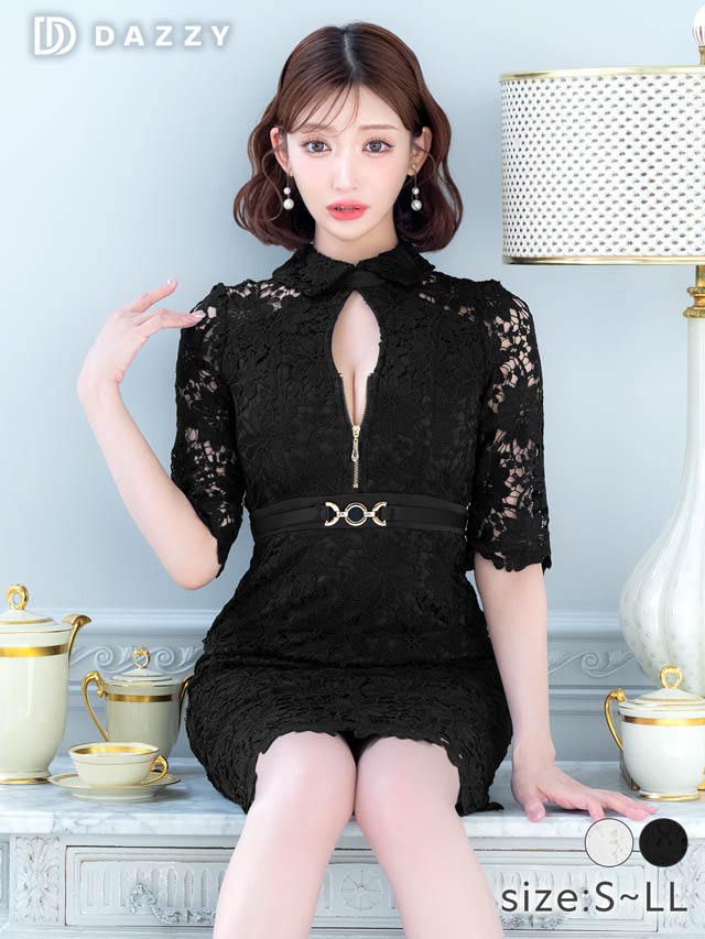 5/13再入荷!レース襟付きジップホールベルトモチーフ七分袖タイトミニドレス[S~LL/4サイズ展開][明日花キララ着用]