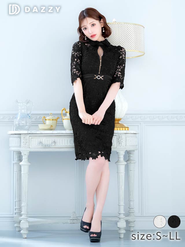 5/13再入荷!レース襟付きジップホールベルトモチーフ七分袖タイトミニドレス[S~LL/4サイズ展開][明日花キララ着用]