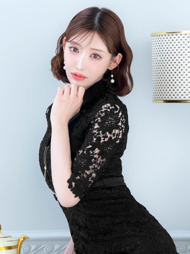 5/13再入荷!レース襟付きジップホールベルトモチーフ七分袖タイトミニドレス[S~LL/4サイズ展開][明日花キララ着用]