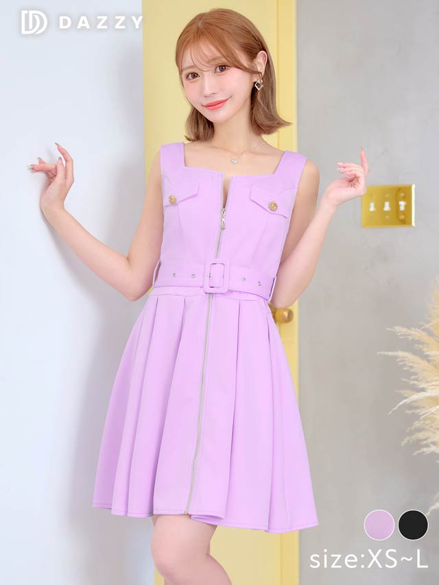 [XS~Lサイズ]フロントジップベルト付きノースリーブプリーツＡラインミニドレス[4サイズ展開]