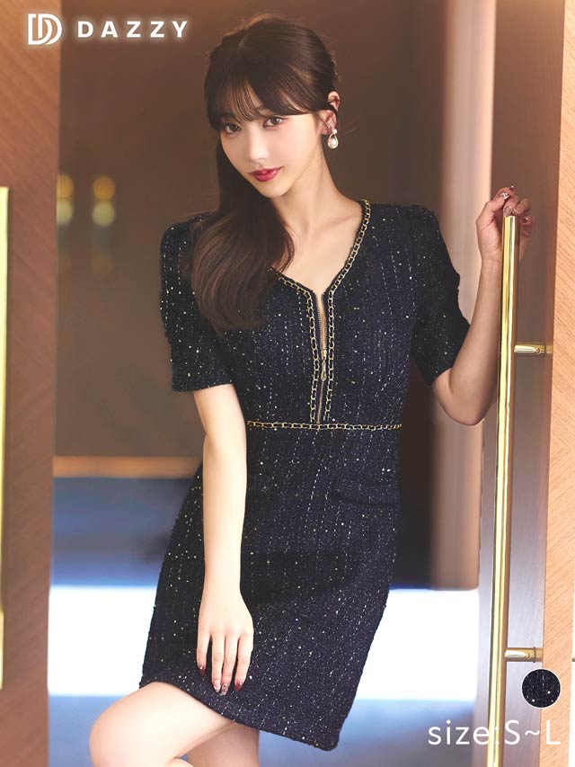 フロントジップスパンコールラメツイード半袖タイトミニドレス[SMLサイズ/3サイズ展開]