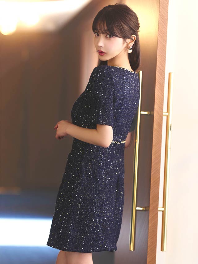 フロントジップスパンコールラメツイード半袖タイトミニドレス[SMLサイズ/3サイズ展開]