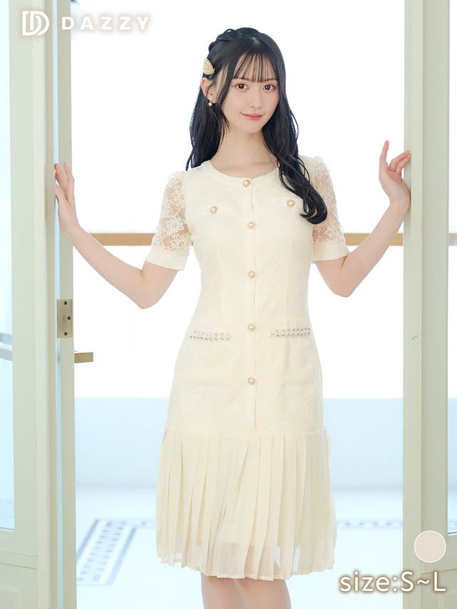 5/21新作!フラワーレースパールビジュープリーツAライン膝丈ドレス[SML/3サイズ展開]