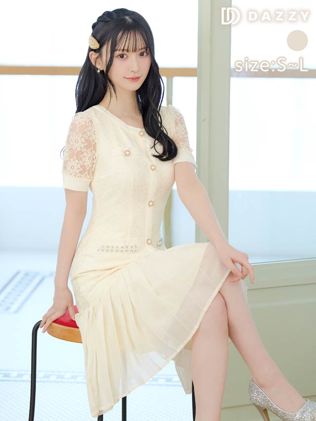 5/21新作!フラワーレースパールビジュープリーツAライン膝丈ドレス[SML/3サイズ展開]