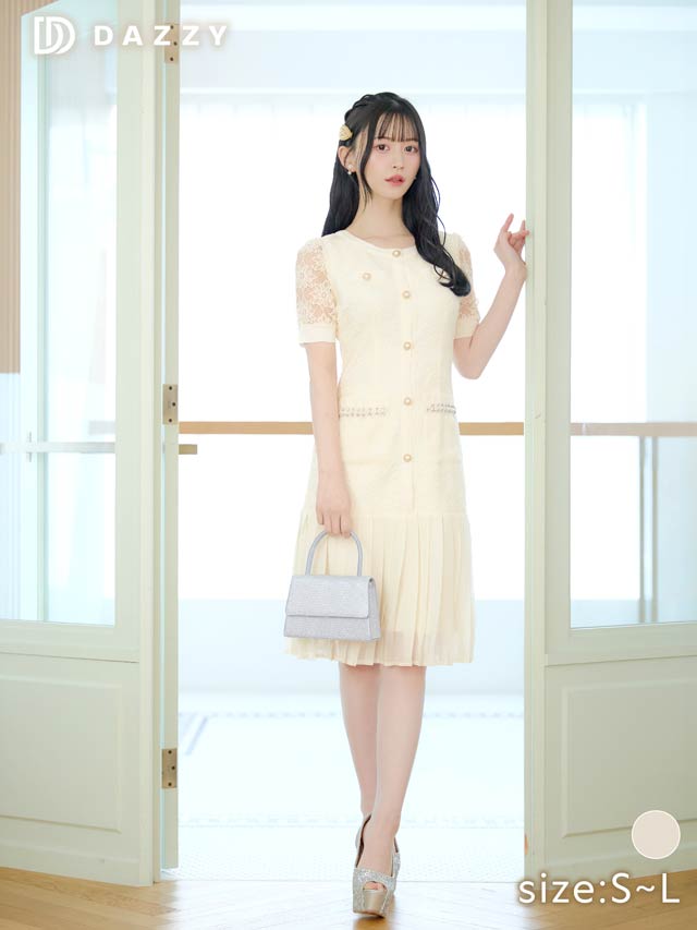 5/21新作!フラワーレースパールビジュープリーツAライン膝丈ドレス[SML/3サイズ展開]