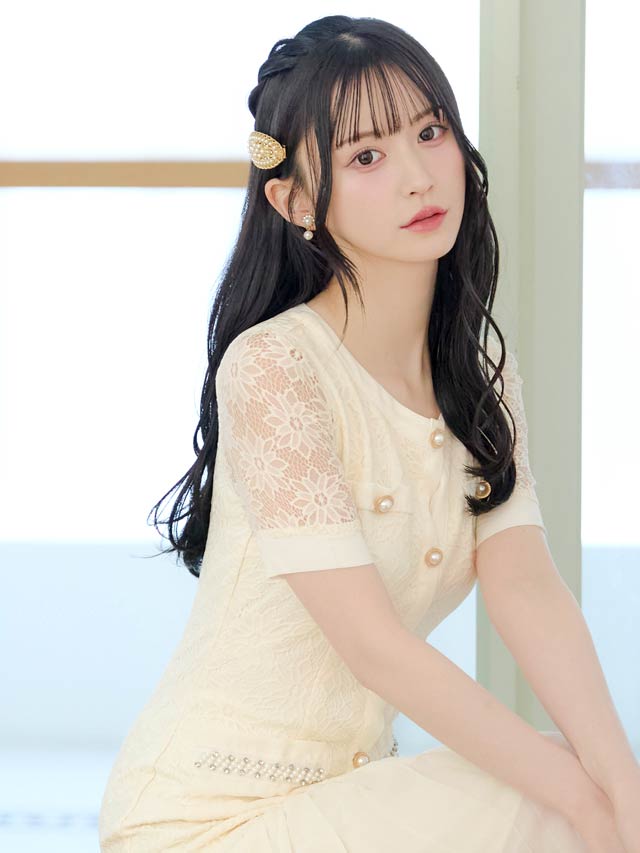 5/21新作!フラワーレースパールビジュープリーツAライン膝丈ドレス[SML/3サイズ展開]