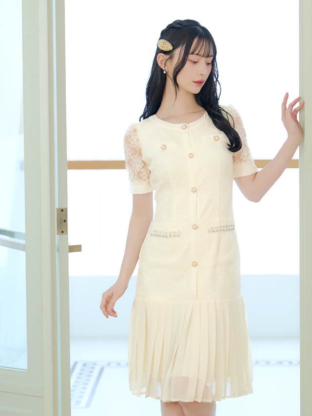 5/21新作!フラワーレースパールビジュープリーツAライン膝丈ドレス[SML/3サイズ展開]