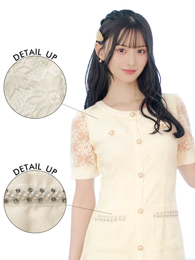 5/21新作!フラワーレースパールビジュープリーツAライン膝丈ドレス[SML/3サイズ展開]