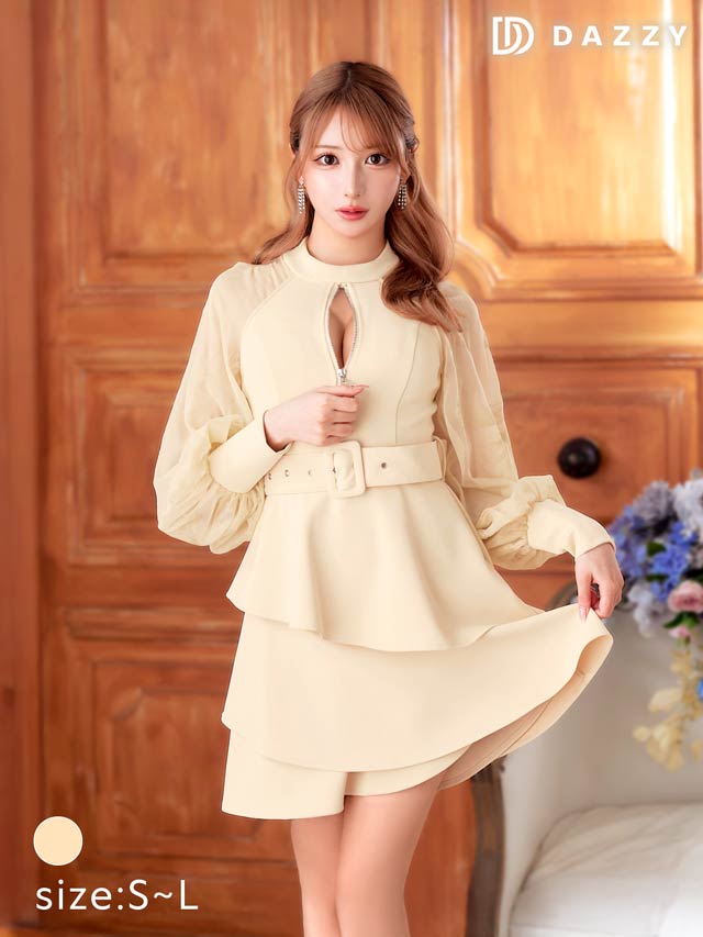 6/6新作!フロントジップティアードフリルベルト付きAラインミニドレス[SML/3サイズ展開]