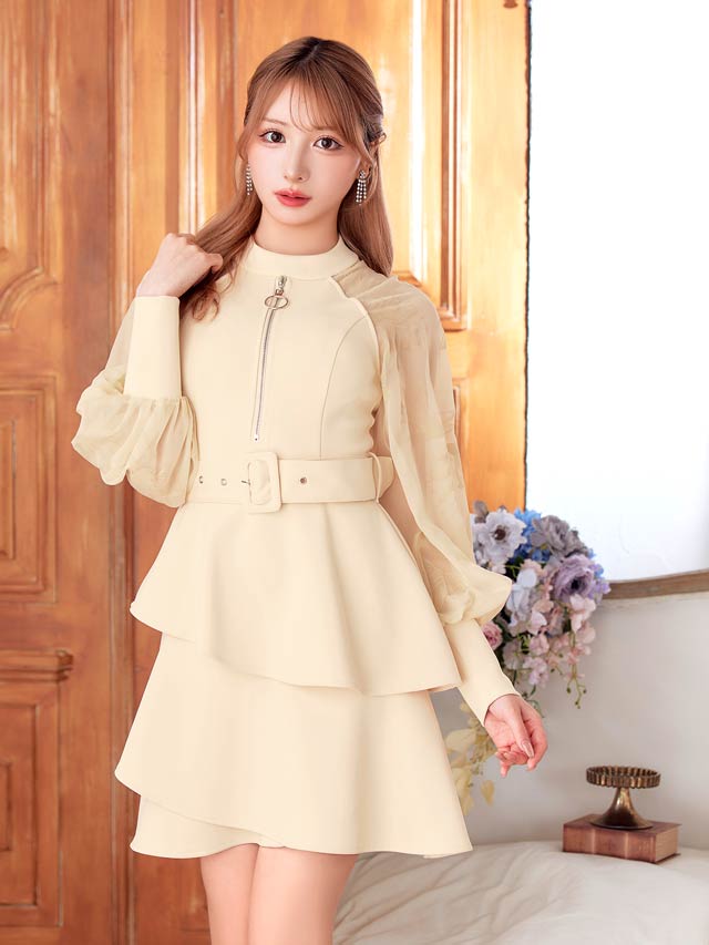 6/6新作!フロントジップティアードフリルベルト付きAラインミニドレス[SML/3サイズ展開]