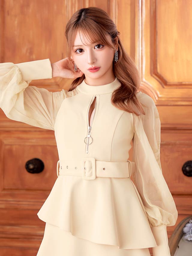 6/6新作!フロントジップティアードフリルベルト付きAラインミニドレス[SML/3サイズ展開]