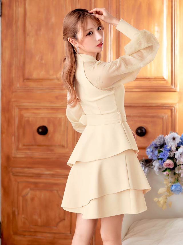 6/6新作!フロントジップティアードフリルベルト付きAラインミニドレス[SML/3サイズ展開]