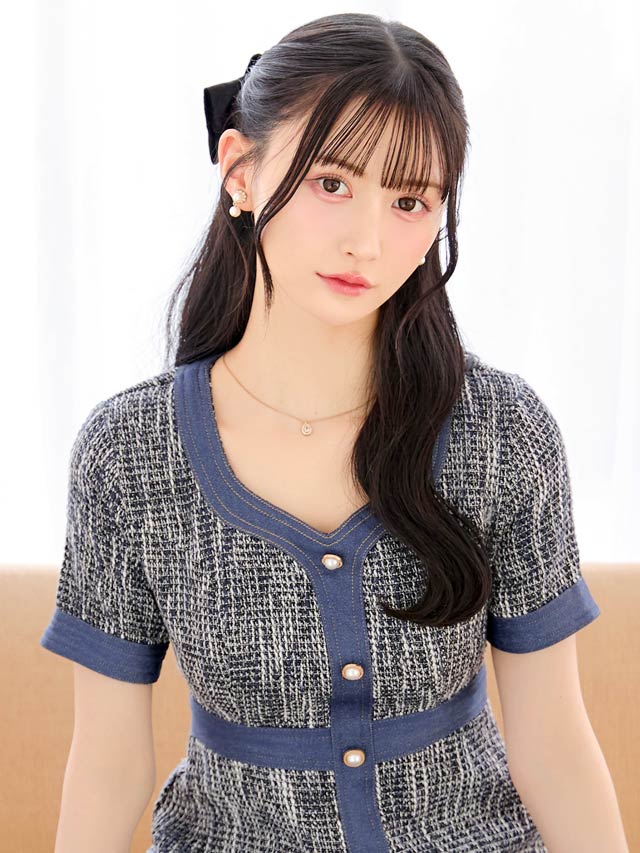 ツイードパールビジューデニムライン半袖Aラインミニドレス[SML/3サイズ展開]