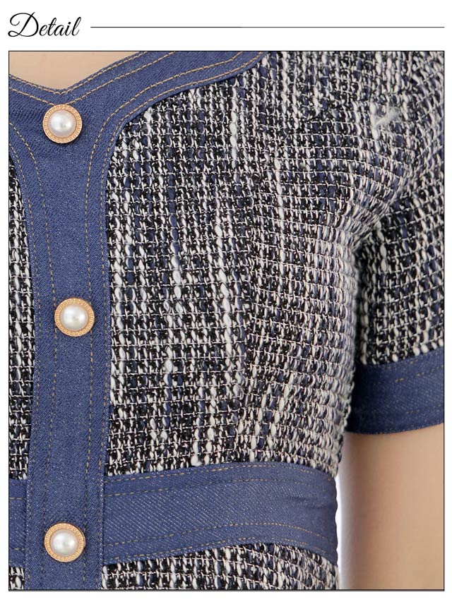 ツイードパールビジューデニムライン半袖Aラインミニドレス[SML/3サイズ展開]