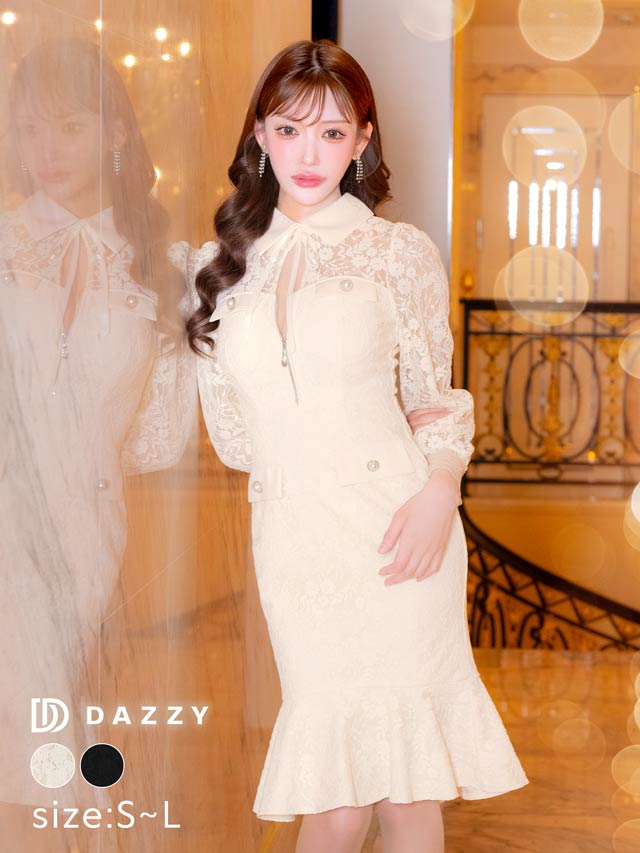 7/22再入荷!オールレースリボン襟付きフロントジップ長袖膝丈マーメイドドレス[SML/3サイズ展開][明日花キララ着用]