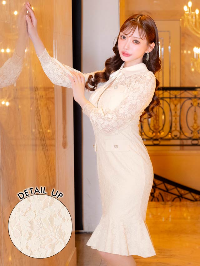 7/22再入荷!オールレースリボン襟付きフロントジップ長袖膝丈マーメイドドレス[SML/3サイズ展開][明日花キララ着用]