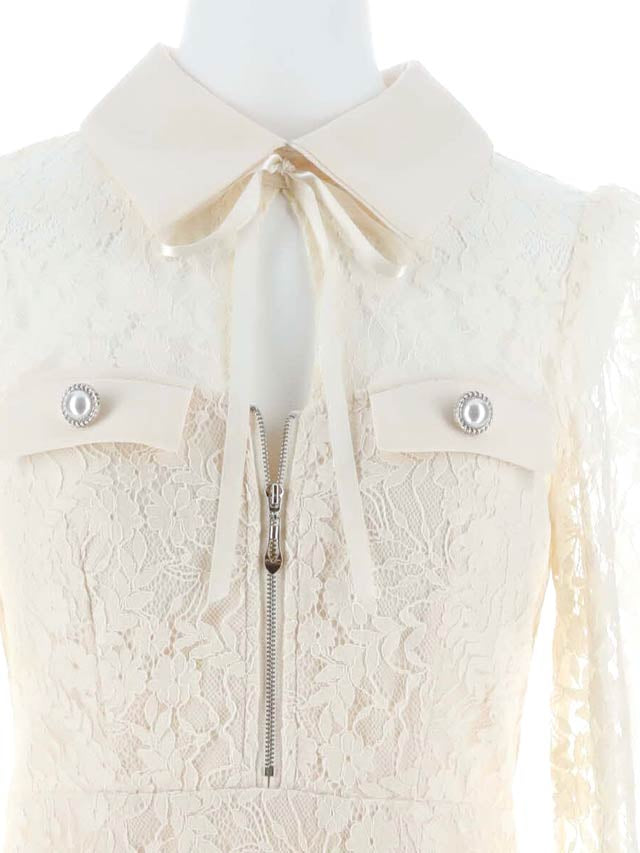 7/22再入荷!オールレースリボン襟付きフロントジップ長袖膝丈マーメイドドレス[SML/3サイズ展開][明日花キララ着用]